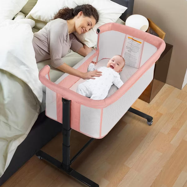Kinder King Baby Bassinet 2 in 1 Bedside Sleeper,Folding Portable w/Storage Basket All-Sided Mesh 6 Adjustable Height Comfy Mattress