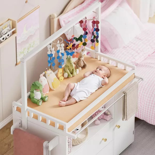 PAKASEPT Baby Changing Table, Infant Diaper Changing Station with Wheels, Table Top & Clothes Rail, and 2 Drawers and Cabinet