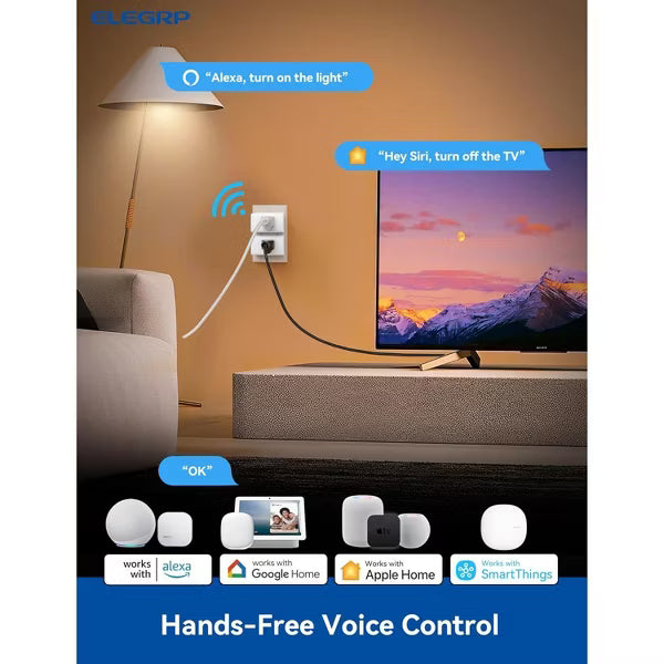 ELEGRP Matter Supported Mini Smart Plug, Smart Outlet 15A/1800W Max, Compatible with Apple Home/Siri/Alexa/Google Home/SmartThings, White 2PC