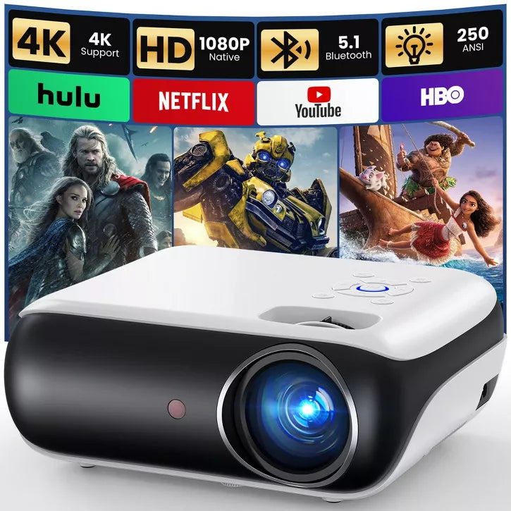 HAPPRUN Native 1080P Bluetooth Projector, Full HD Portable Outdoor Movie Projector with Built-in Speaker, Compatible with Smartphone