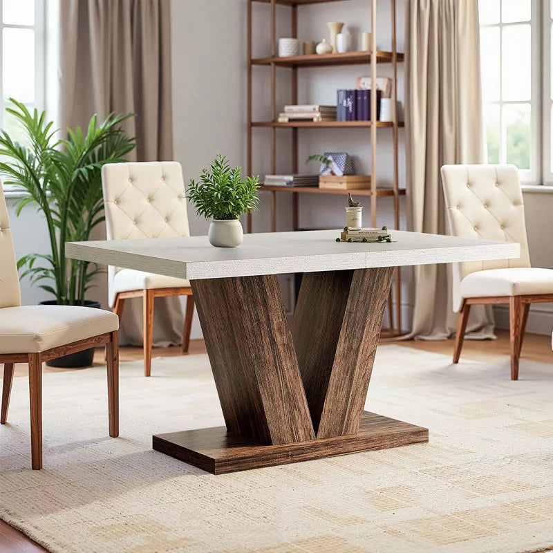 Lirago 47.24"L x 31.5"W Farmhouse Dining Table - Rustic White & Oak Engineered Wood Rectangular Table with Pedestal Base, Seats 4-6