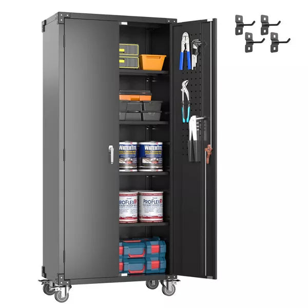 SUXXAN 72"H Metal Storage Cabinet with Wheels and Pegboard, 4 Adjustable Shelves and Lockable Door for Garage,Required Assembly