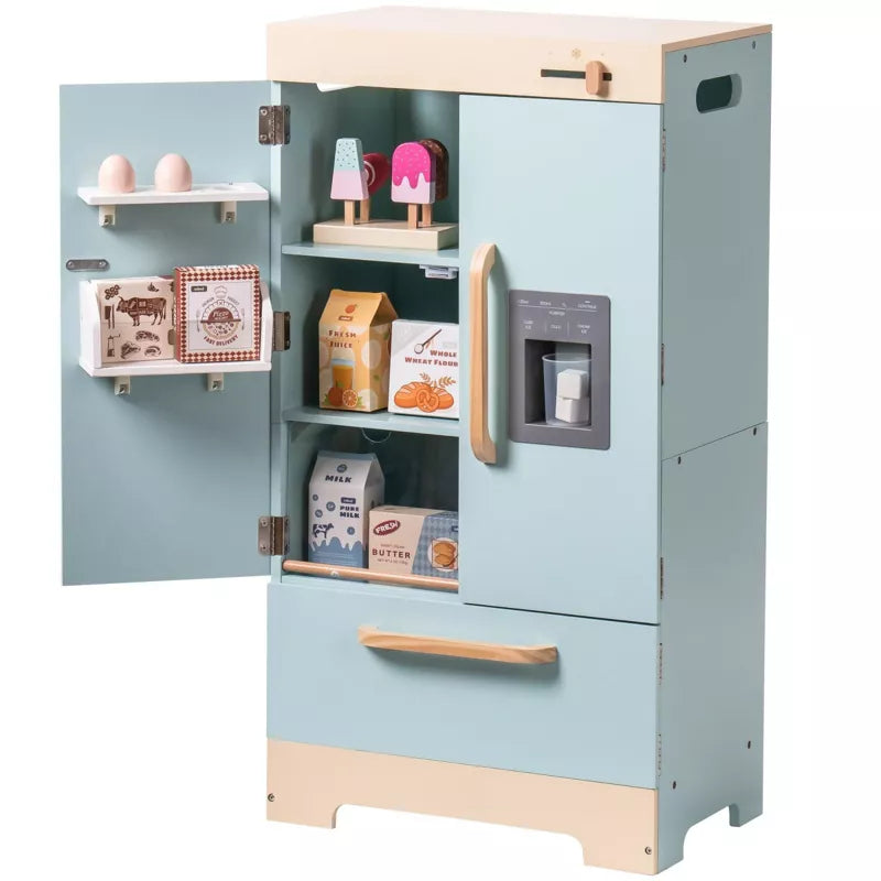 ROBOTIME Play Kitchen for Toddlers,Fridge Refrigerator with Ice Dispenser,Wooden Kids Kitchen Playset Toy,Gift for Ages 3+, Blue, 18"*11"*40.5"