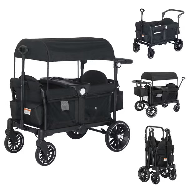 Kinder King 2-Seat Wagon Stroller, All-Terrain Foldable Stroller Wagon for Toddlers with Canopy, Snack Tray & Push/Pull Bar