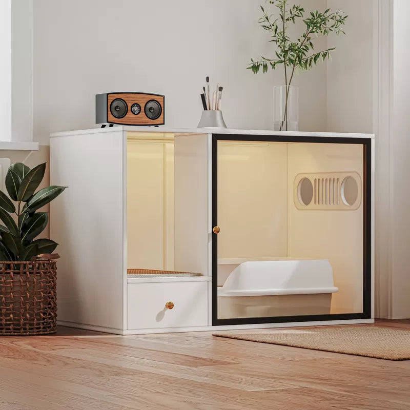 ATJafurn 37.4''Cat Litter Box Enclosure Furniture Style White Cat Cabinet Side Table with Storage Space For Living Room