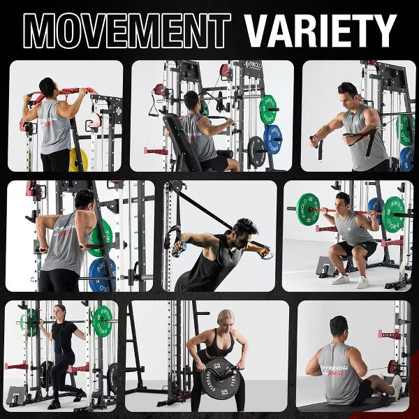 ER KANG Smith Machine, 2200lbs Squat Rack with LAT-Pull Down System & Cable Crossover Machine, Training Equipment with Leg Hold-Down Attachment