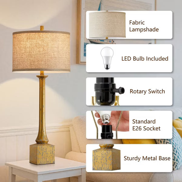 GTCLIGHTING 34.5" Gold Table Lamps for Living Room,Retro Bedside Lamps with Fabric Shade for Bedroom Nightstand,Rotary Switch