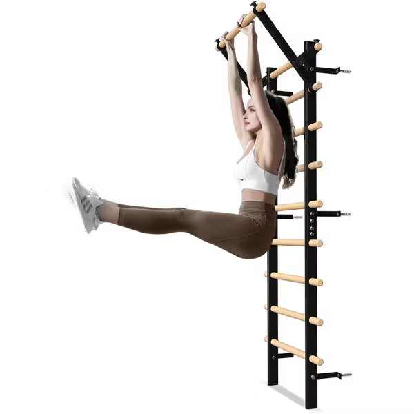 Swedish Ladder Wood Stall Bar, Suspension Trainer with Pull-Up Bar and Dip Bar Attachments, Wooden Stall Bar with 9 Strategic Rods