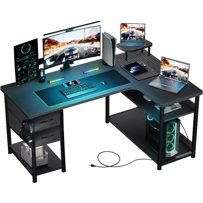 GTRACING L Shaped Gaming Desk with 2 Drawers, Adjustable Shelf Height, Carbon Fiber Office Computer Desk