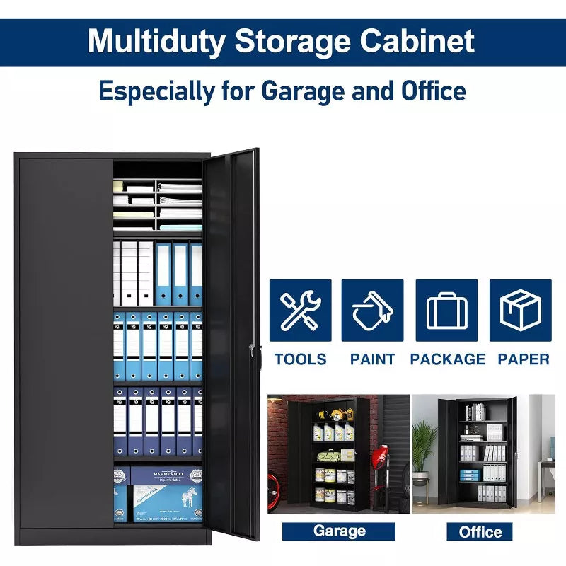 AOBABO 72 in. Tall Black Metal Storage Cabinet with 2-Doors and 4-Shelves, Steel Storage Freestanding Cabinet