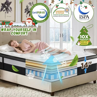 King Size Mattress,14 Inch Mattress in a Box with Memory Foam & Individual Pocket Spring for Edge Support,Pressure Relief,Medium Firm,CertiPUR-US.