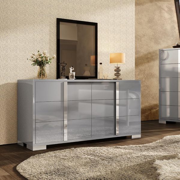 AMERLIFE 54" W High Gloss 6 Drawers Dressers with Silver Grooved Handles