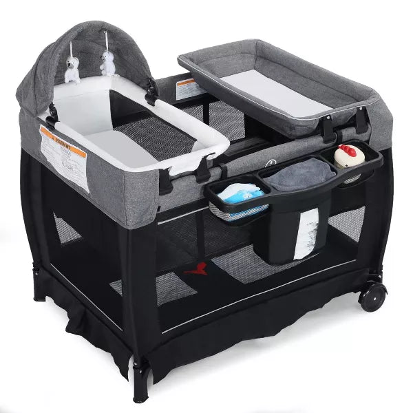 Kinder King 4-in-1 Convertible Baby Playard with Bassinet, Diaper Changer, Cradle&Bedside Sleeper, Breathable Mesh, Storage Organizer&Lockable Wheels
