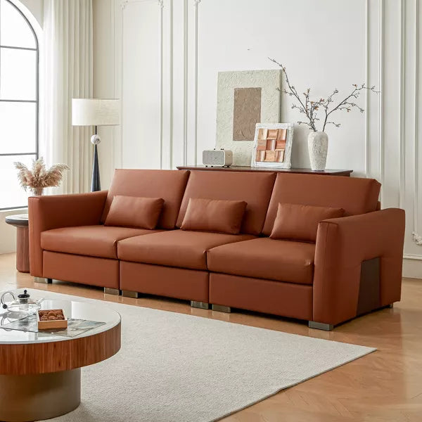 ATJafurn Mid Century Modern Sectional Leather Couch, Orange Genuine Leather Sofa with Metal Legs 2 Pillows Deep Seat for Living Room