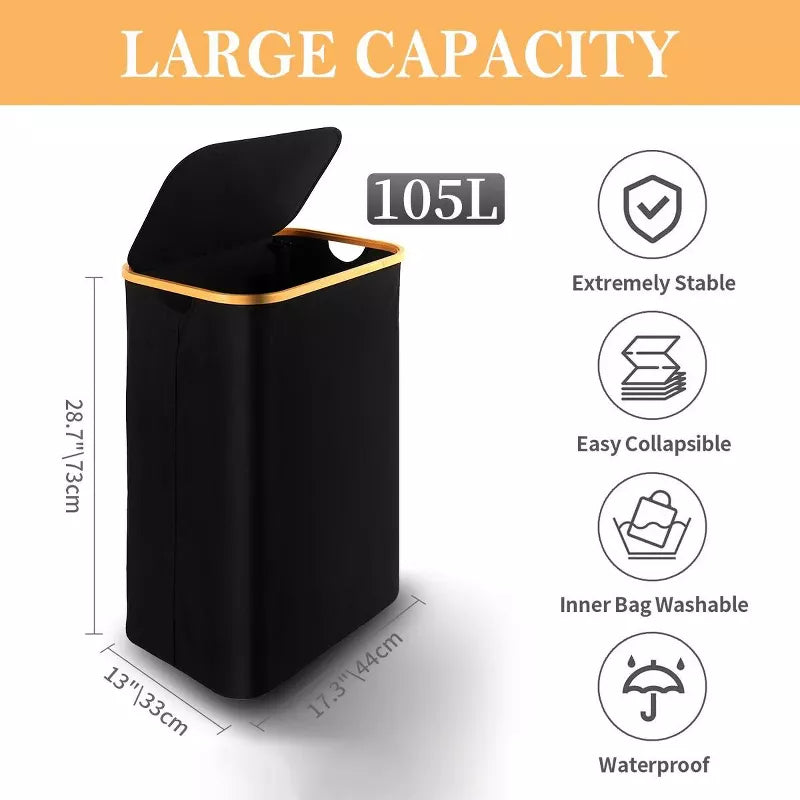 BestParts 105L Waterproof Collapsible Laundry Hamper with Lid & Bamboo Handles, Removable Bag, Black