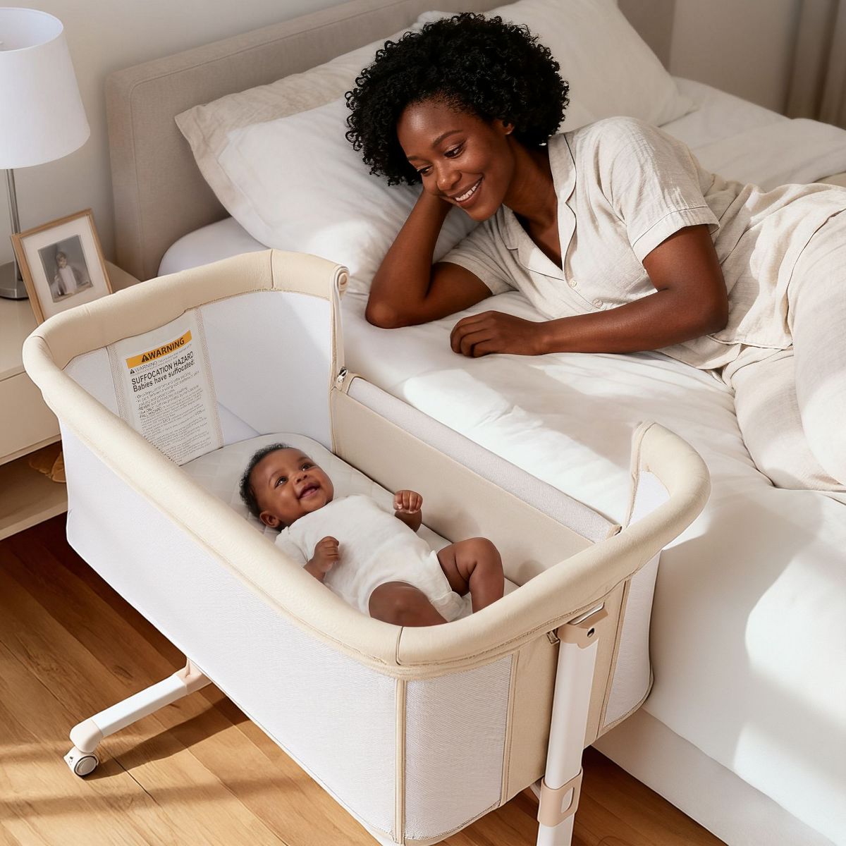 Kinder King Baby Bassinet with Wheels, Portable Newborn Bedside Sleeper, All-Sided Mesh Infant Crib with Removable Soft Mattress, Beige