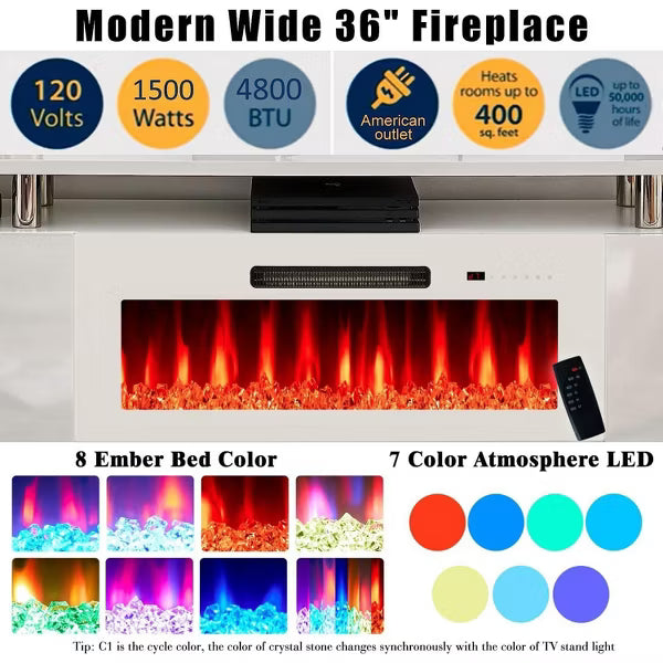 AMERLIFE Fireplace TV Stand, High Gloss LED Entertainment Center