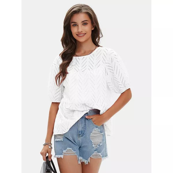 EXLURA Womens Summer Tops Dressy Casual Short Lantern Sleeve Shirts Crew Neck Hollow Out Lace Embroidered Blouses Shirts