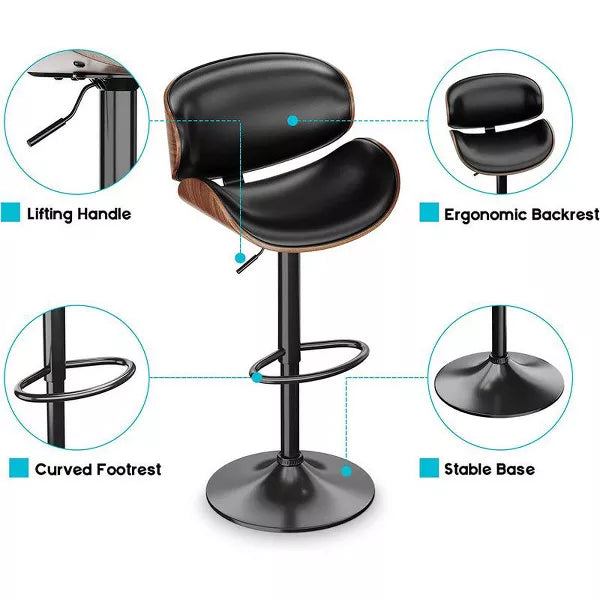 Gikpal Barstools, Adjustable Bentwood Barstools, Modern PU Leather Upholstered Bar Chair with Back and Footrest, for Bar, Dining Room