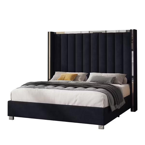 Bed Frame with 58" tall Headboard, Velvet Upholstered Platform bed