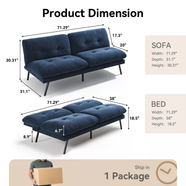 Vipbear 71" Convertible Futon Sofa Bed, Futon Couch with Adjustable Backrest, Folding Small Recliner Sleeper Sofa Bed for Living Room