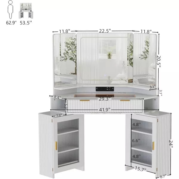 PAKASEPT Corner Vanity with Desk Mirror & Lights, Fluted Makeup Vanity Desk with Glass Top, Charging Station, torage Cabinets & Drawers