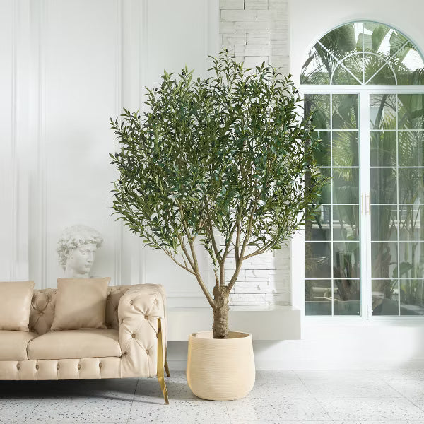 DR.Planzen 7FT Artificial Olive Tree with Thick Stump - UV Resistant Faux Plant for Indoor/Outdoor, Black Pot & Realistic Green Leaves