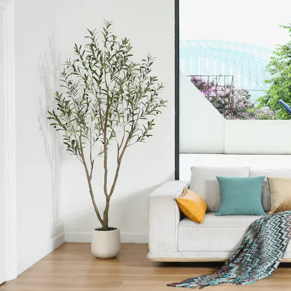 DR.Planzen 5-7FT Artificial Olive Tree with Triple-Trunk Design - Realistic Black Olives & Green Leaves in 9x9" White Plastic Planter for Home Decor