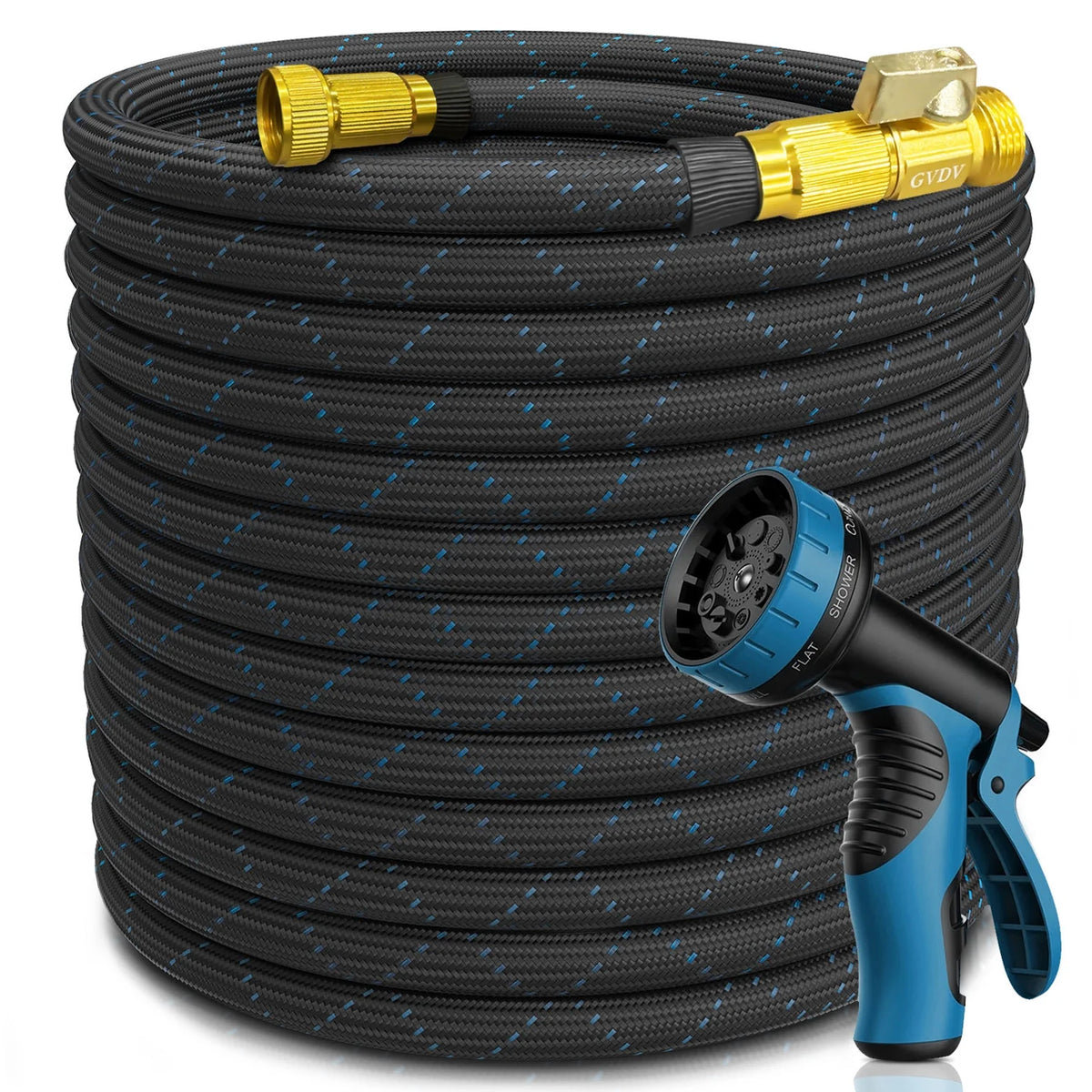 GVDV 100 Ft Garden Hose Durable Fabric Skin Water Hose with 10 Way Spray Nozzle, Explosion Proof, Perfect for Commercial Residential