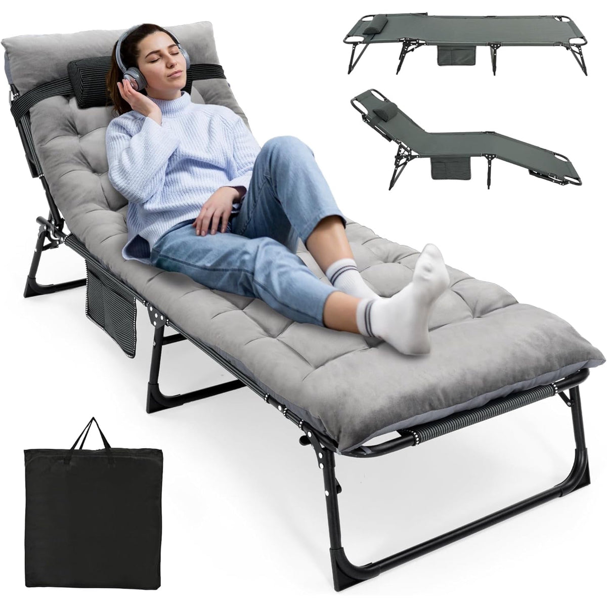 GVDV Portable Folding Camping Cot 2 Sided Comfort Mattress Pillow, Multi Position Folding Lounge Chair, Oversized Folding Bed Cot for Outdoor, Home, Office