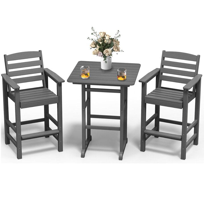 HDPE Outdoor Patio Bar Set, Tall Adirondack Bar Chair and Table Set, Grey