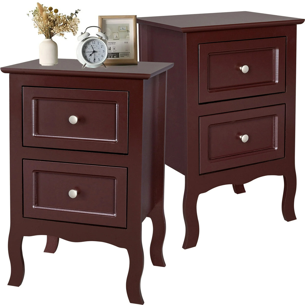 HSUNNS Nightstands Set of 2, Country Style End Table Nightstand Side Table with 2 Drawers, Wood Accent Table with Storage for Bedroom Living Room, Brown