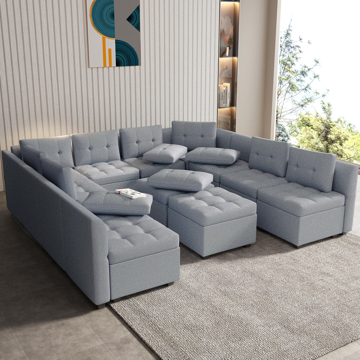 HYEASTR Modular Sectional Sofa with Storage Ottoman, 12 Seats Convertible Sofa with Adjustable Angle Armrest/Backrest, U Shape Sectional Couch Set, Sleeper Couch, Grey