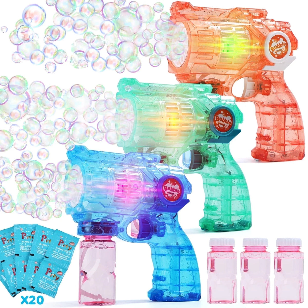 JoyStone 3 Pack Bubble Gun Machine for Kids, Automatic Light Up Bubble Blower with 3 Bottles 20 Bags Refill Solution, Bubble Blaster Gun Bubble Toys for Boys & Girls