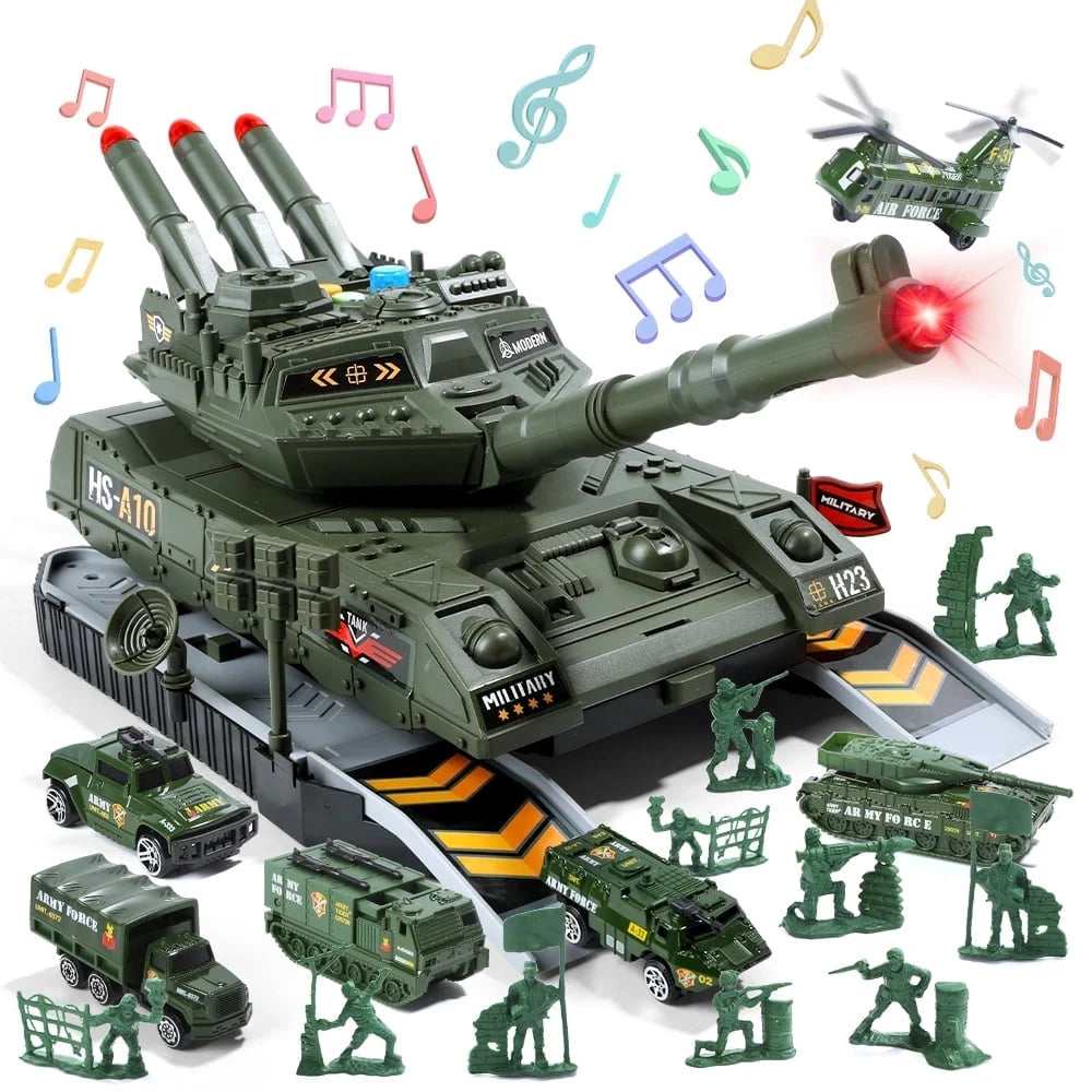 JoyStone Military Vehicle Set Battle Tank Toy with Realistic Light & Sound, 6 Pack Mini Alloy Army Cars & Soldier Figures, Great Gift for Kids