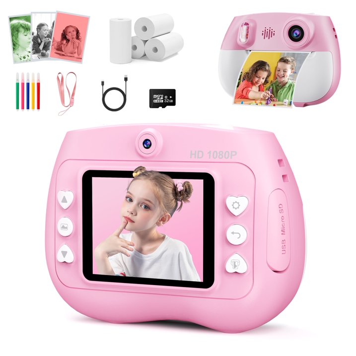 TOPVISION Kids Camera with Instant Printing, 1080P HD Digital Cameras with 32GB Storage Card 4 Paper Rolls, Gift for Boys Girls Ages 4 12 Pink