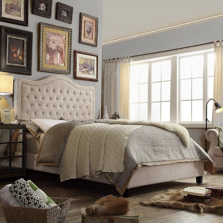 King Size Classical Bed Frame with Adjustable Button Tufted Headboard, Fabric Upholstered Platform Bed Frame for Bedroom, Strong Wooden Slat Support, Easy Assembly, Beige