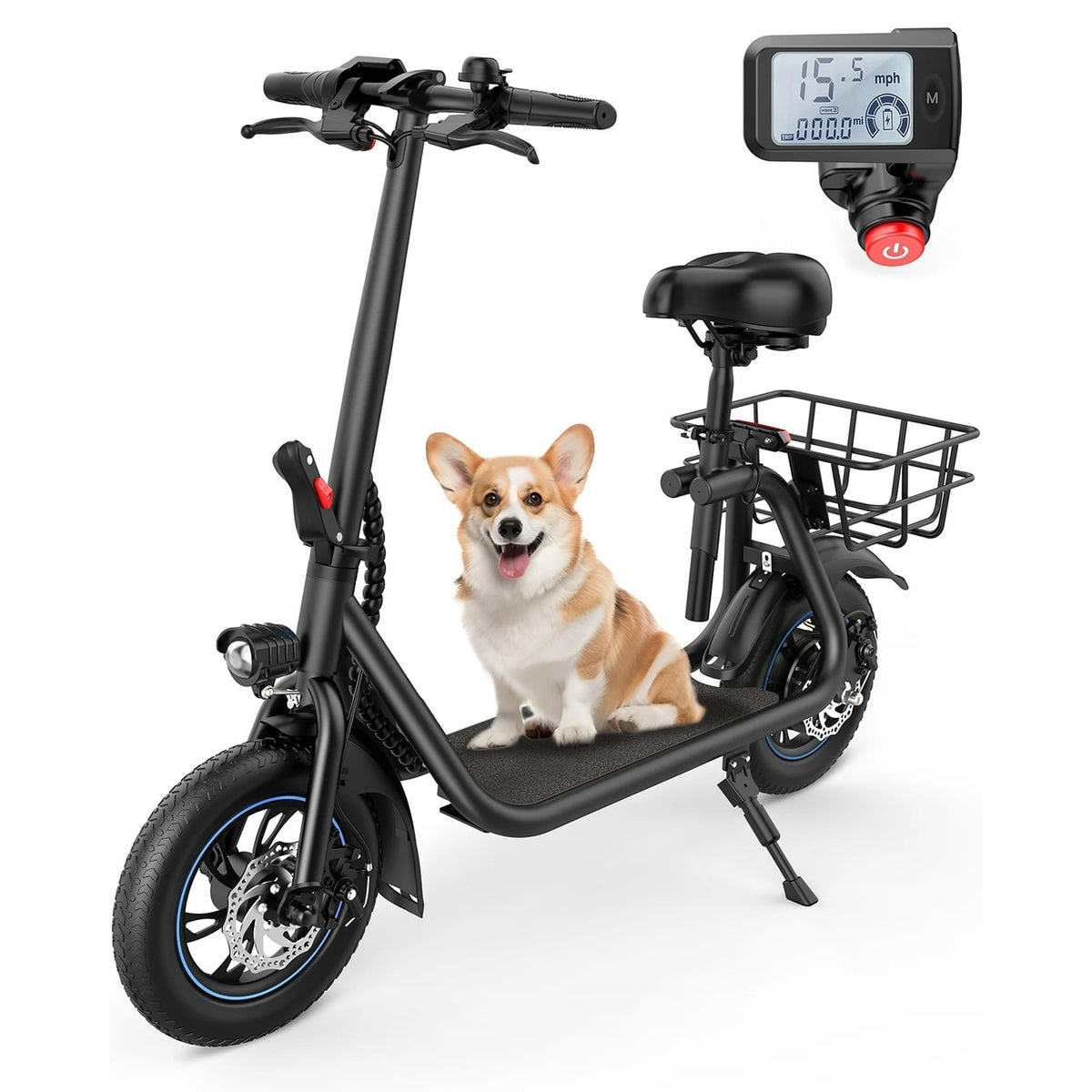 MIHOVER 450W Electric Scooter with Seat for Adult, 12 inch Commuter Electric Scooter with Basket and Adjustable Seat- up to 21 Miles 15.5MPH