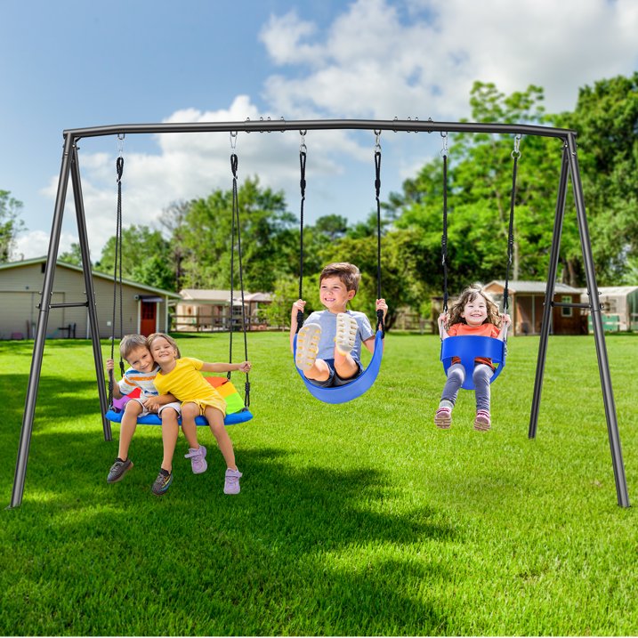 KloKick 440lbs Outdoor Swing Set for Kids Includes Toddler Swing, Belt Swing, and Platform Swing, Metal Frame for Backyard Play