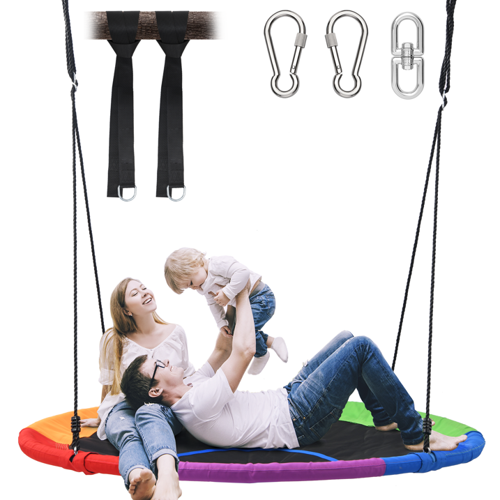 KloKick 60 Extra Large Tree Swing for Kids Adults 900D Oxford Waterproof Saucer Swing with 2 Hanging Straps, Rainbow