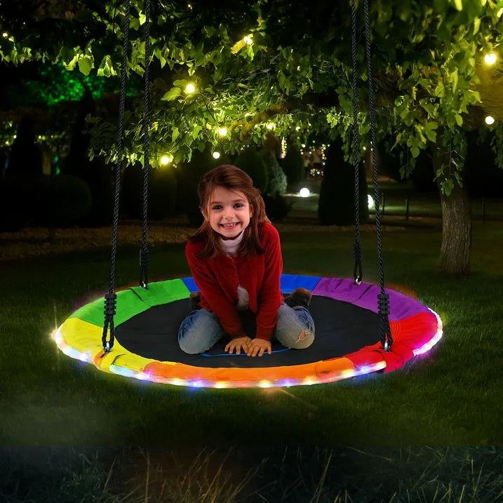 KloKick 700lbs 40 Saucer Tree Swing for Kids Adults Durable Outdoor Swing with LED Lights, 2 Tree Hanging Straps. Rainbow