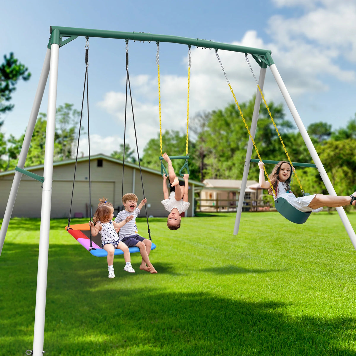 KloKick Heavy Duty Metal Swing Set for Kids Adults, 600lb Capacity, Includes Trapeze Bar, Belt Swing Platform Swing for Outdoor Fun