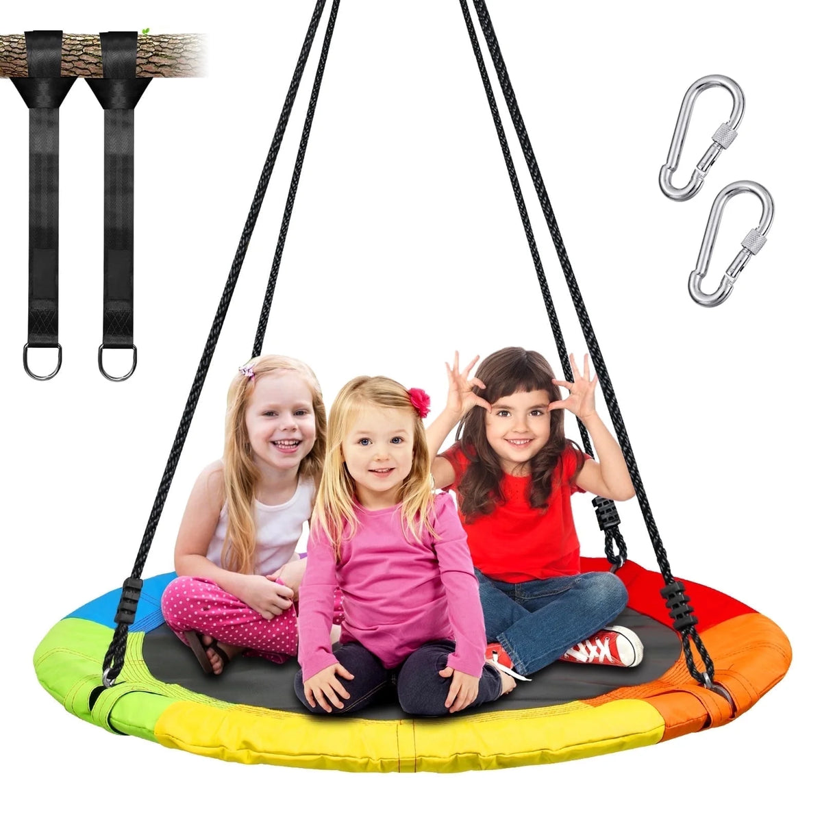 KloKick Saucer Tree Swing 700lb 40in for Kids Adults Waterproof Sets with 2pcs Tree Hanging Straps, Heavy Duty Steel Frame Adjustable Ropes, Rainbow