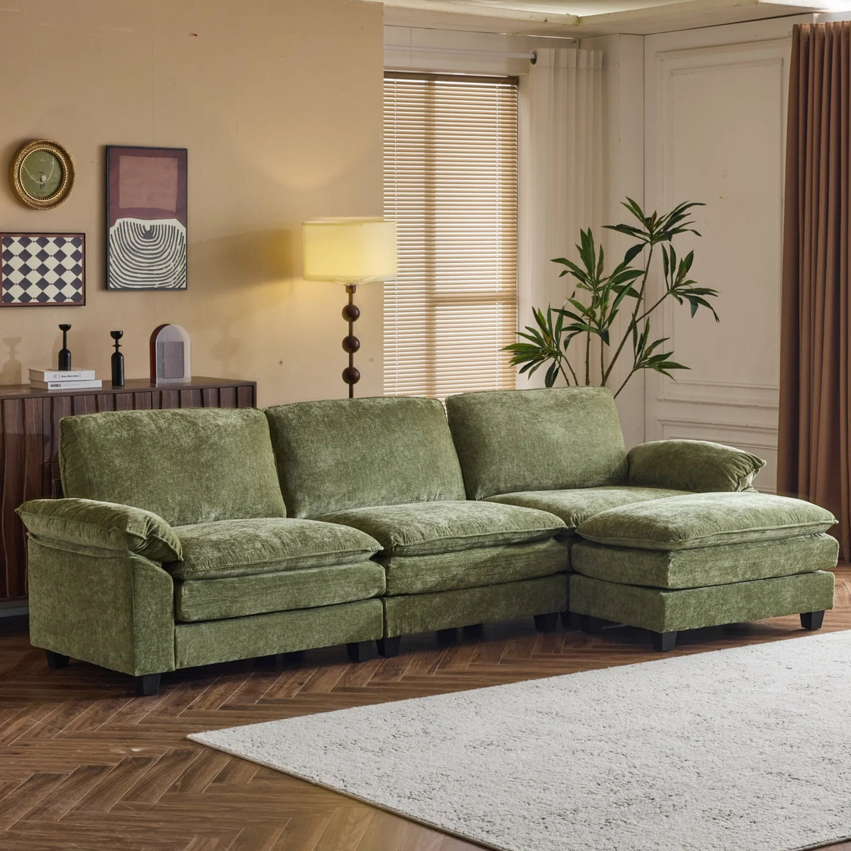 Ktaxon Sectional Sofa L Shaped Couch with Chaise Living Room Sleeper Set, 3 Seats with Chenille and Double Layer Cushions 120" W Olive Green