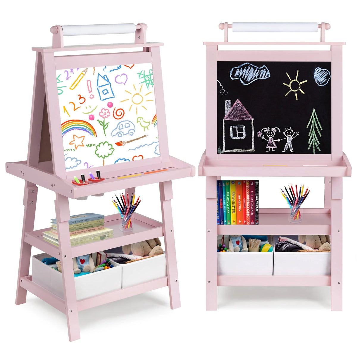 LINLUX 3 in 1 Kids Art Easel Drawing Board Double-Sided Whiteboard Chalkboard, Pink