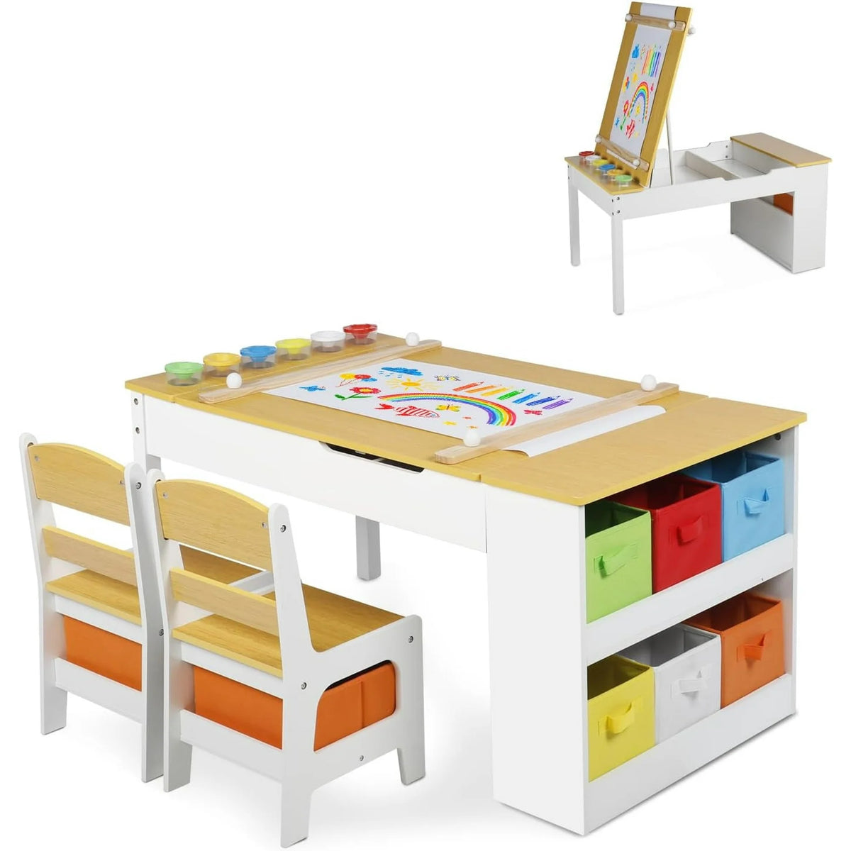 LINLUX 3 in 1 Kids Drawing Table and Chair Set with Art Easel, Toddler Activity Desk for Painting,Natural