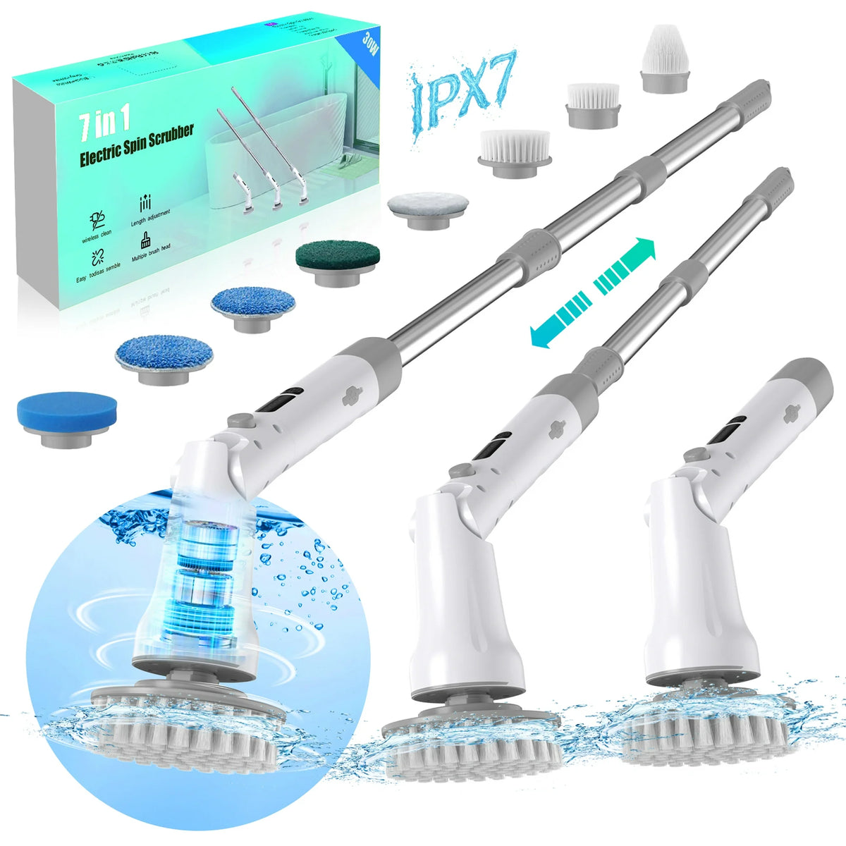 LOHEER Electric Spin Scrubber, Cordless Cleaning Brush Scrubber for Bathroom & Shower,Bathtub,Glass,Car, 3 Adjustable Size,7 Replaceable Brush Heads