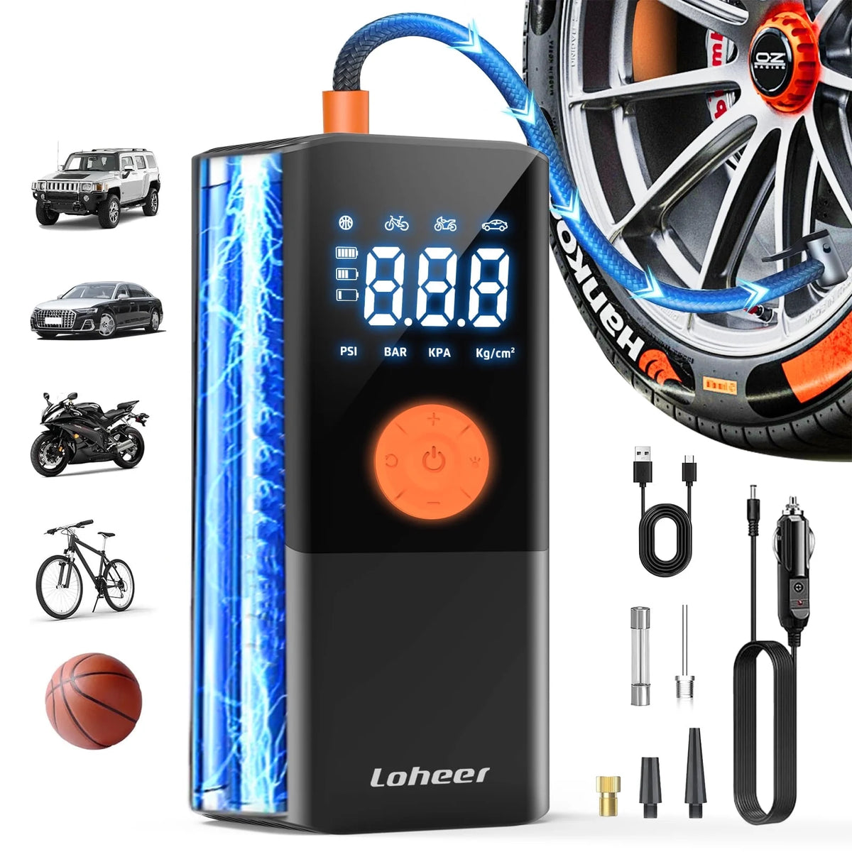 Loheer Tire Inflator Portable Air Compressor, Air Pump for Car Tires 150PSI Cordless with Battery and 12V DC, Electric Bike Pump with Pressure Gauge, Auto Shutoff