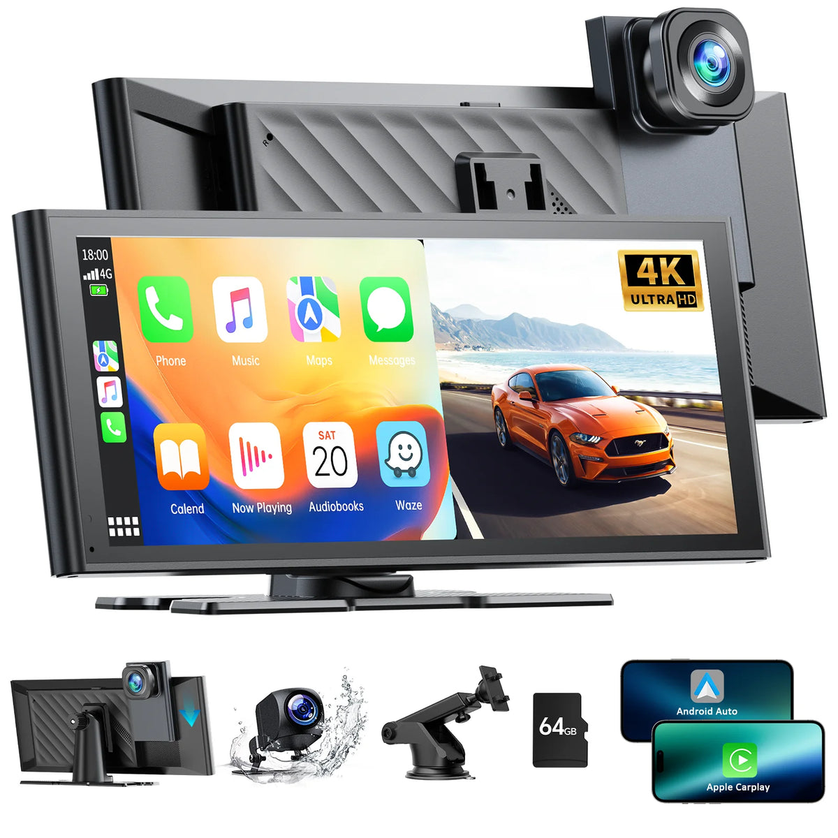 Lamtto Wireless Carplay &Android Auto with 4K Dash cam,9.26 Inch Protable Carplay Screen for Car,1080P Backup Camera, Digital Media Receivers with Voice Control/Bluetooth/G-Sensor/GPS/Mirror Link