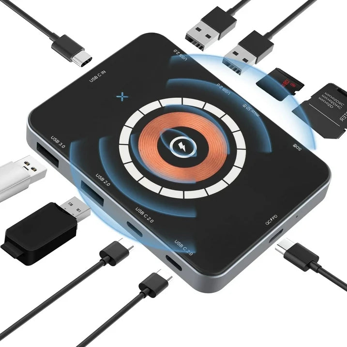 Laptop USB C Docking Station, Magnetic Wirless Charger with USB C to HDMI Adapter USB C Hub 10 in 1 Laptop Docking Station with microSD Card Reader for Cellphone, Tablet, Laptop